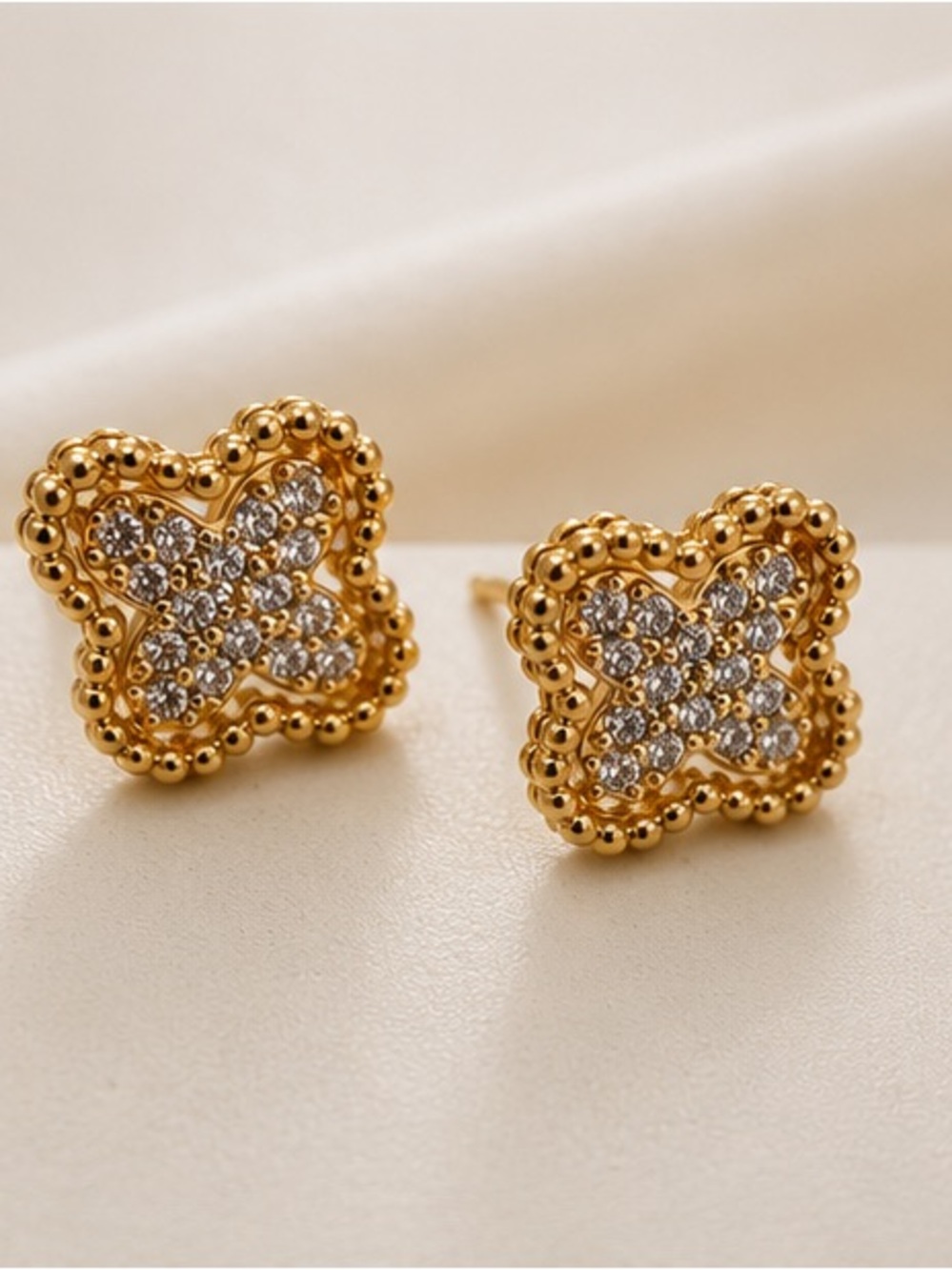 Designer Inspired Luxe Gold Crystal Clover Stud Earrings